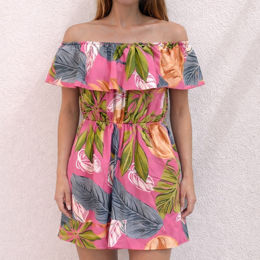 Off-Shoulder Pink Tropical Print Women's Dress